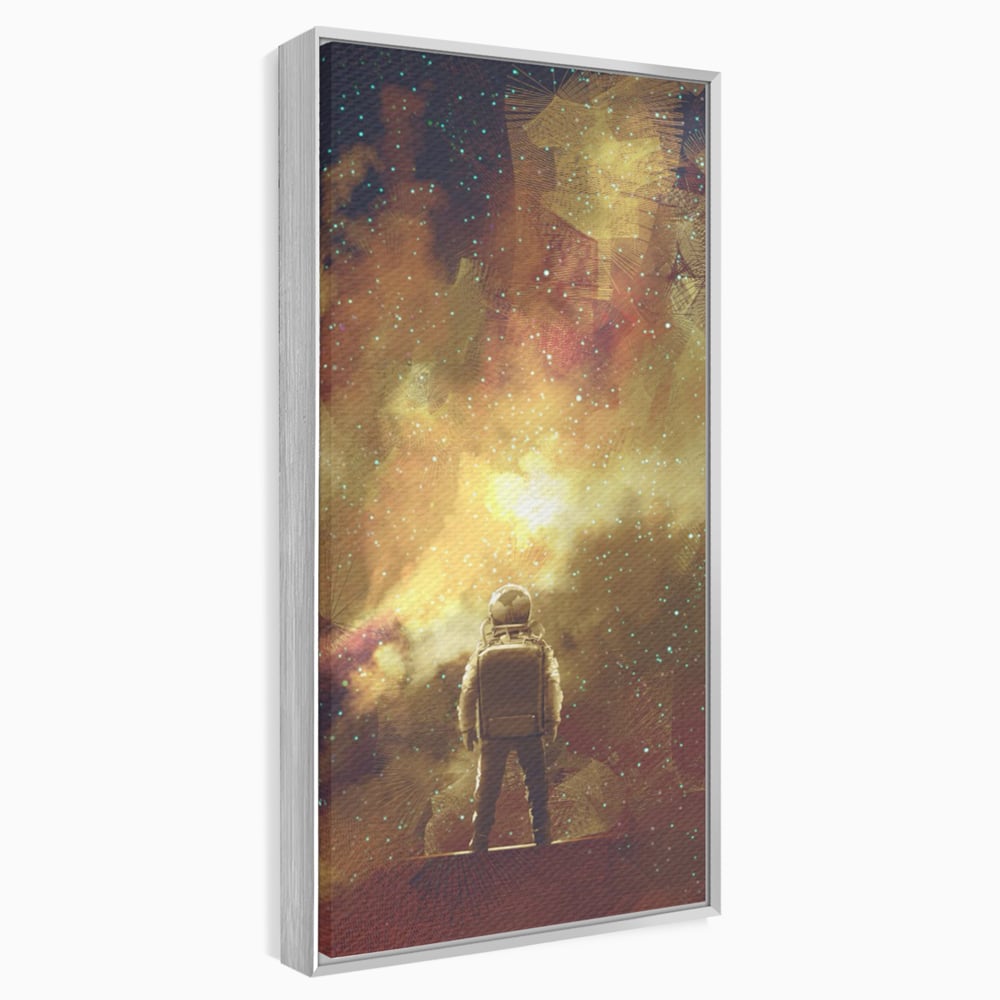 Tablou canvas cu ilustratie cu astronaut privind stelele, in rama de aluminiu argintiu
